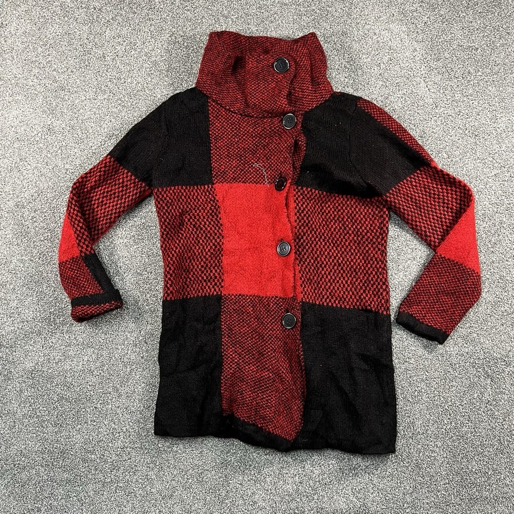 Monroe and Main Womens S Red Black Plaid Cardigan Sweater Button Coat